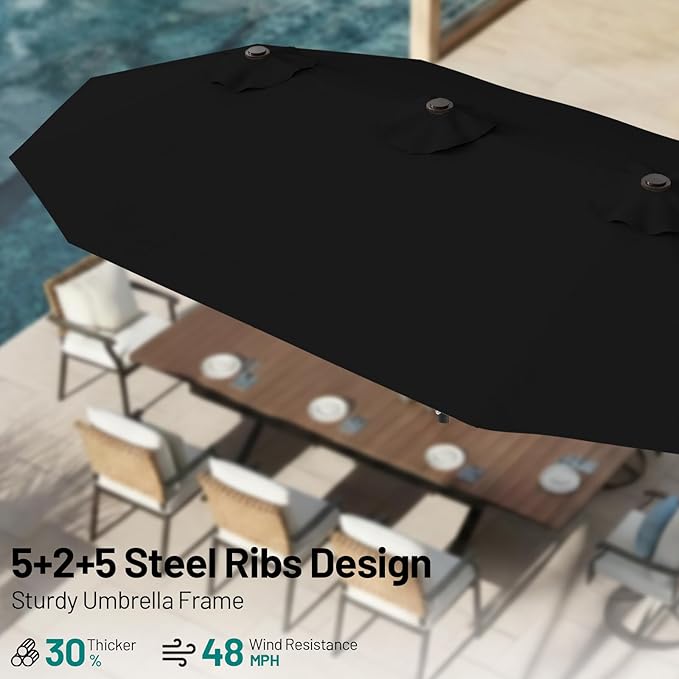 AreShark 15FT Outdoor Patio Umbrella with Crank, Large Rectangular Market Umbrella, Double-Sided Outdoor Umbrellas with Cross Base & Sandbag for Porch, Lawn, Pool, Backyard, Black