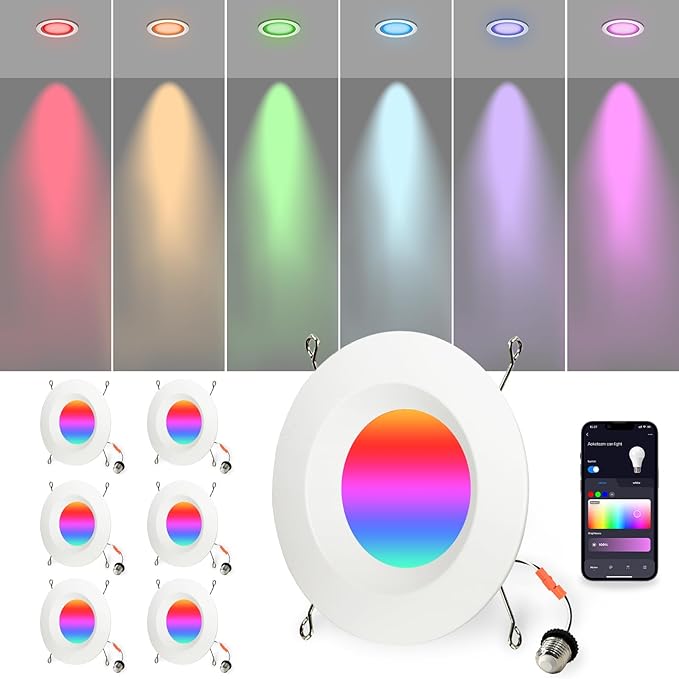 Wi-Fi & Retrofit Led Recessed Lighting 6 inch,Color Changing Recessed Lights,Led Can Light Multi Color with Junction Box,9W 750LM Smart Downlight,Work with Alexa/Google,IC Rated & ETL Certified,6 Pack