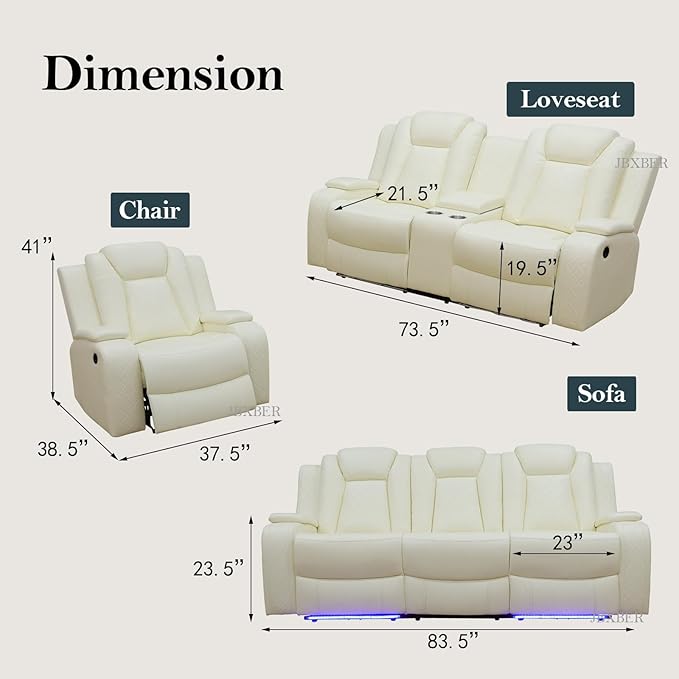 Power Recliner Sofa Set, Leather Reclining Sofa Sets with LED Lights, Living Room Furniture Set, Loveseat with Console Storage, Recliner Couch with USB Port (Sofa and Loveseat, White)