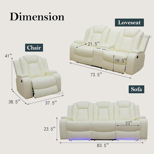 Power Recliner Sofa Set for Living Room Furniture Set, Leather Reclining Sofa and Chair with Drop-Down Table, Hidden Storage for Home Theater Seating (Sofa and Chair, White)