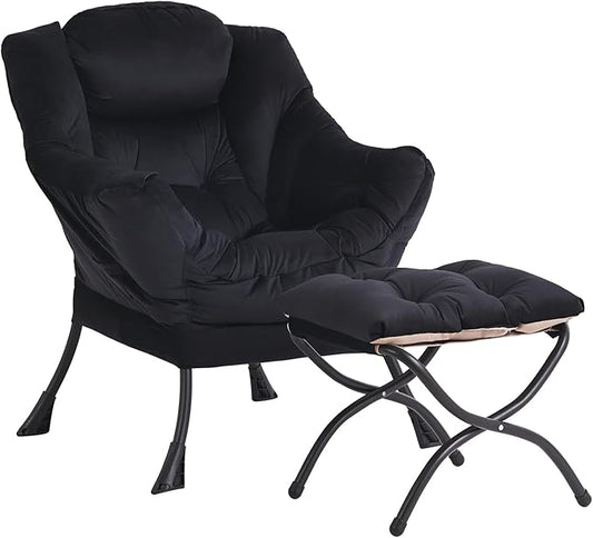 Lazy Chair and Ottoman, Black Velvet Large Accent Chair with a Side Pocket, Modern Leisure Upholstered Sofa Reading Armchair with Footrest for Office, Bedroom, Living Room, Dorm Rooms, Balcony