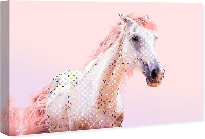 Country Farmhouse Canvas Print Painting Animal Wall Art 'Pink Glam Horse' Unframed Gallery Wrapped Canvas Rustic Home Décor 45x30 in Pink, White by Oliver Gal