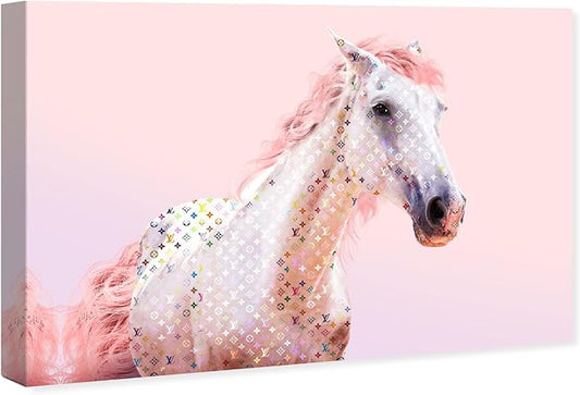 Country Farmhouse Canvas Print Painting Animal Wall Art 'Pink Glam Horse' Unframed Gallery Wrapped Canvas Rustic Home Décor 45x30 in Pink, White by Oliver Gal