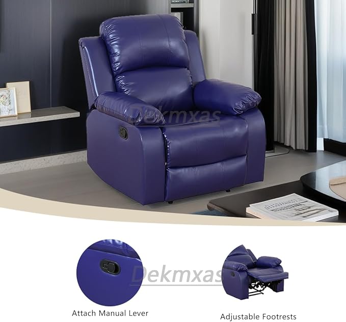 Bonded Leather Recliner Chair Contempary Manual Reclining Chair Living Room Furniture Accent Recliner with Overstuffed Arm & Back for Living Room/Bedroom/Office/Rv Car (Purple Blue, Chair)