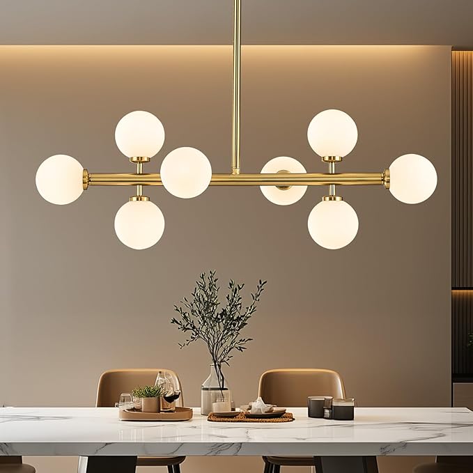 Modern Linear Chandeliers for Dining Room, 8-Light Globe Sputnik Pendant Ceiling Light, Brass Gold Dining Room Light Fixture Over Table, Mid Century Glass Milk White Bubble, 31.5 Inch, GC-09