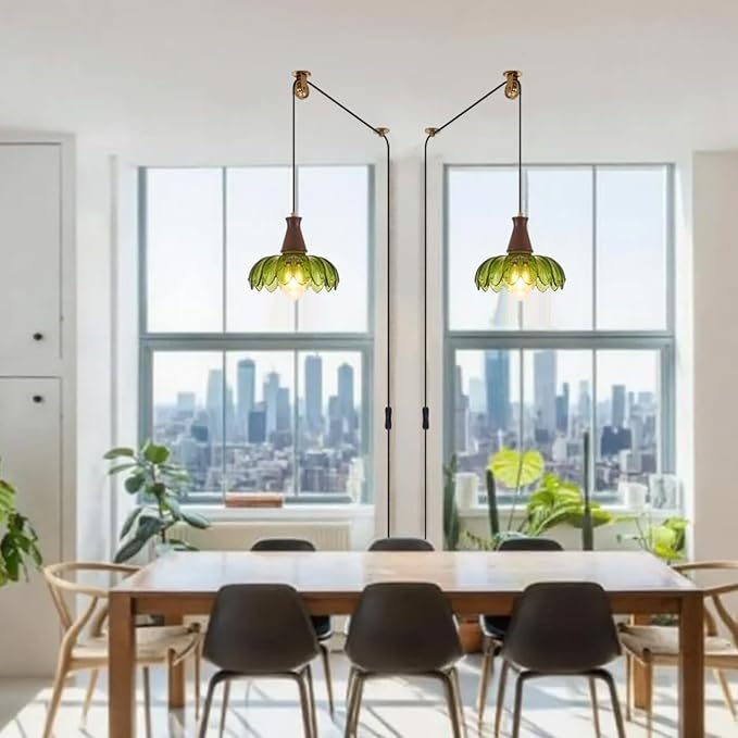 YLONG-ZS Vintage Plug in Pendant Light, Boho Hanging Lamp Plug in Pulley Green Glass Pendant Lamp, Modern Walnut Color Wood Hanging Light for Kitchen Island, Bedroom, Dining Room, Living Room