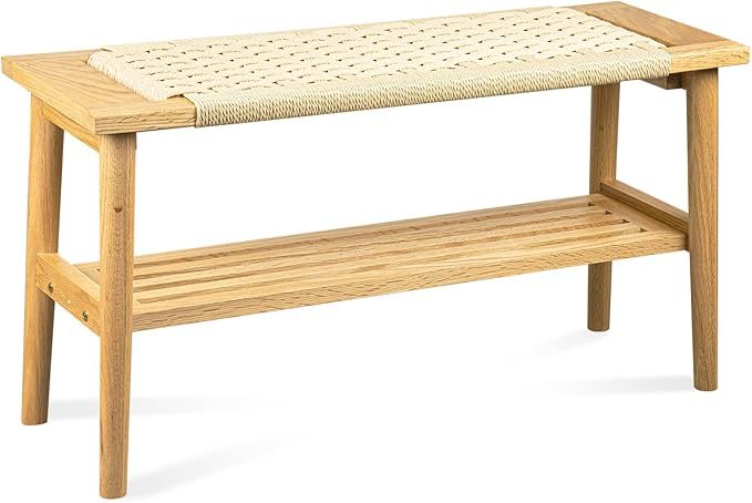 Solid Wood Narrow Bench with Storage, 33.46" Woven Bench for Entryway and Hallway, End of Bed Bench with Oak Frame, Boho Accent Bench (Natural White)