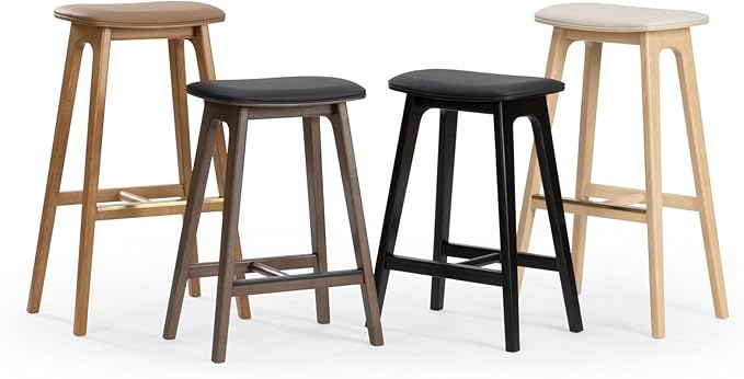 Plank+Beam Beryl Bar Height Stool - Mid-Century Modern Rubberwood Bar Stool with Faux Leather Seat, Metal Footrest, Easy Assembly, 2-Pack, Walnut/Black