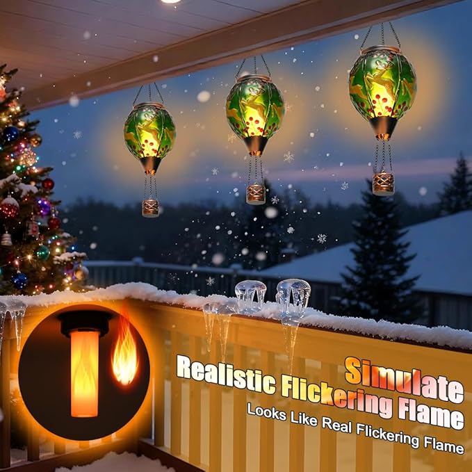 Solar Powered Hot Air Balloon Lantern - Reindeer Glass Lantern, Simulated Flickering & Dancing Flame, Outdoor Hanging Yard Light Waterproof IP65 for Patio Lawn Porch Christmas Decor Gift