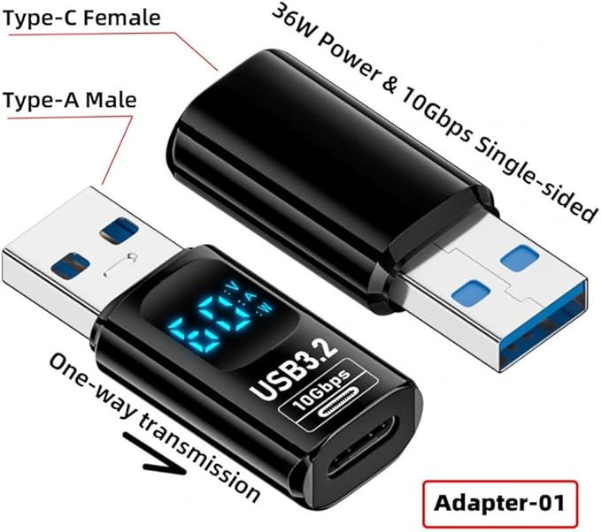 CY Adapter 3pcs/lot Type-C Smart LED Display USB-C to USB3.2 Type-A Adapter 10Gbps Data Current Voltage Fast Charging Monitoring Display Tester Detector
