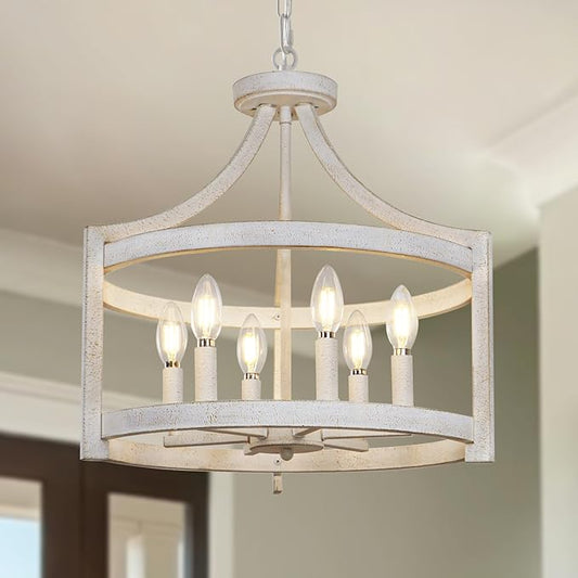 6-Light Farmhouse Chandelier, 19.3'' Vintage Chandeliers for Dining Room, Antique White Semi Flush Mount Ceiling Light, Rustic Metal Hanging Pendant Light Fixture for Entryway Foyer Hallway