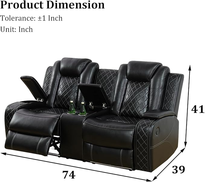 Leather Power Recliner Sofa Set with LED Light，Living Room Furniture Set, Leather Reclining Sofa Set with USB Port Storage Armrest(Loveseat, Black)