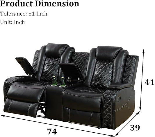 Leather Power Recliner Sofa Set with LED Light，Living Room Furniture Set, Leather Reclining Sofa Set with USB Port Storage Armrest(Loveseat, Black)