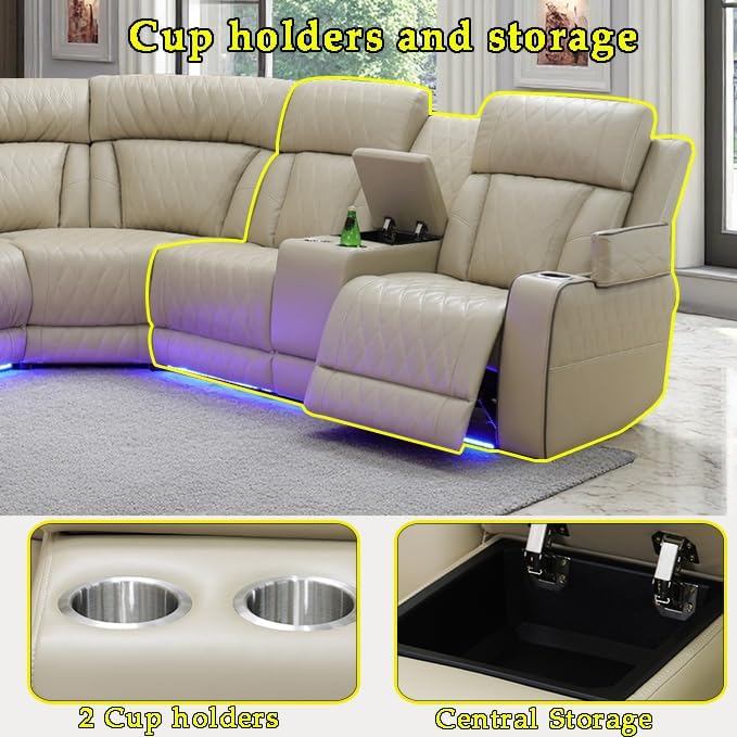 A Ainehome Reclining Sectional Sofa Set with USB Chargers, Leather Living Room Set, L Shaped Recliner Couch with 4 Recliner Seats/Storage Console for Living Room/Office/Home Theather(C-Beige)