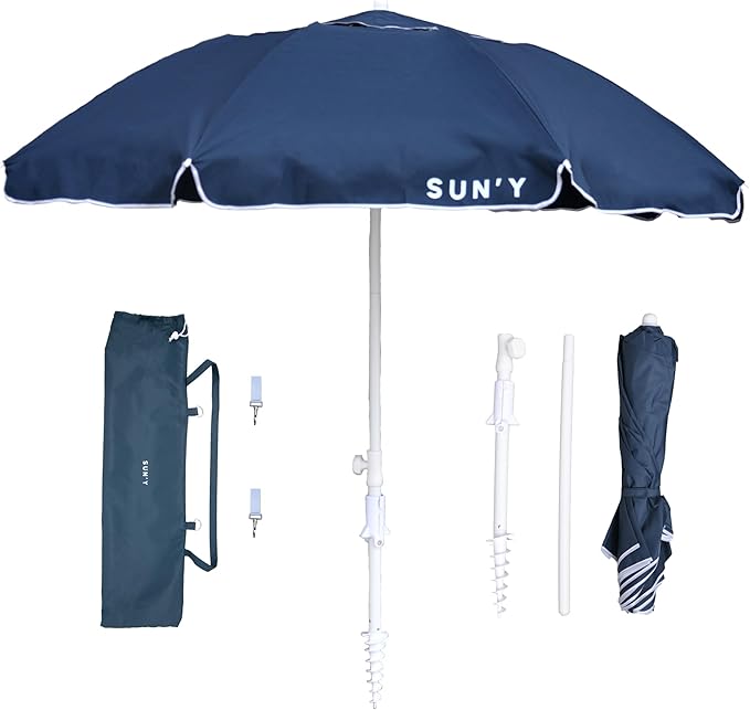 SUN'Y ESCAPES Beach Umbrella - UPF 50+ Recycled Ocean Bound Fabric Canopy, Wind Resistant with Sand Anchor & Tilt - Portable with Carry Bag