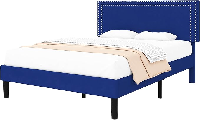 VECELO Full Size Bed Frame with Adjustable Upholstered Headboard, Wooden Slats Platform, Noise-Free Design, Easy Assembly