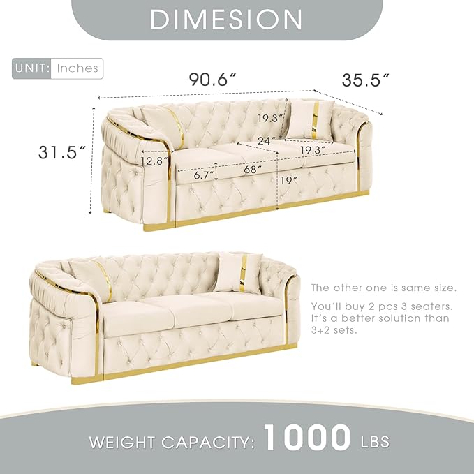 KEIKI 2-Piece Luxury Chesterfield Sofa Set with 2 Oversized Velvet 3-Seater Sofa, Upholstered Modern 6-Seater Button Tufted Couch Set with 4 Pillow, Gold Stainless Decoration, for Living Room, Beige