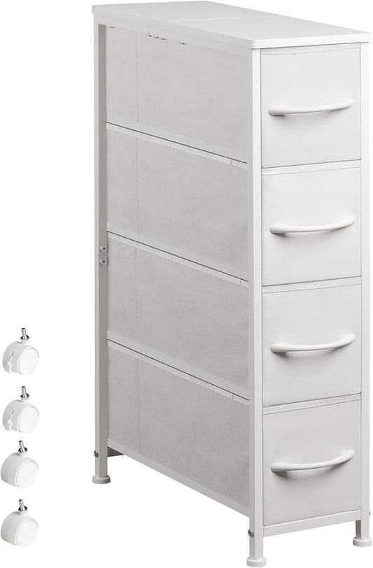 Narrow Dresser Storage Tower with 4 Drawers, Slim Dresser Chest of Drawers with Steel Frame, Wood Top, Dresser for Bedroom, Bathroom, Small Spaces, Laundry, Closet (White)