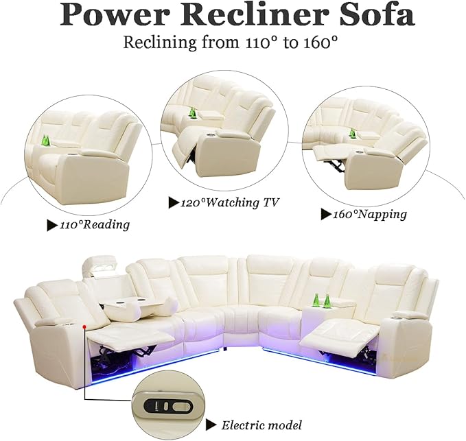 A Ainehome Leather Power Furniture Reclining Sectional Couch, Living Room Power Recliner Adjustable Sofa, Loveseat and Chair with Storage Console for Living Room/Office(Off-White)