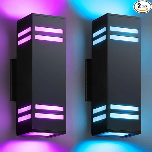 SHIMR Color Changing Outdoor Wall Lights 2 Pack, Ambiance Up and Down Lights Outdoor, Waterproof Square Smart Porch Lights WiFi APP Control Exterior Light Fixture Home Theater Lighting [ETL Listed]