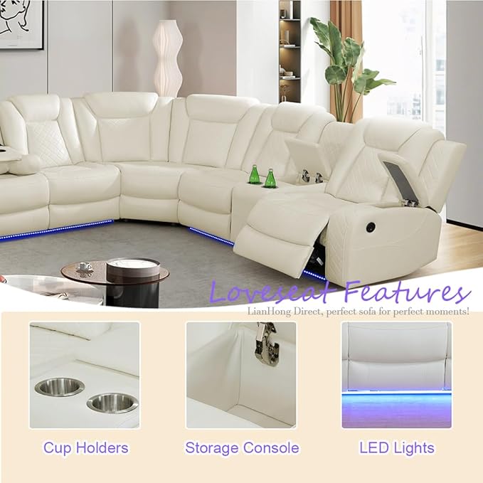 Power Recliner Sectional Sofa for Living Room, Power Recliner Sectional Sofa, Breathing Leather Reclining Sectional Couch with LED/Storage Console/Cupholder for Office/Home,Sectional+ 2 Chairs