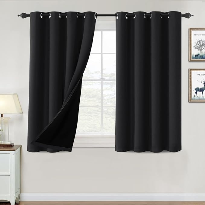 H.VERSAILTEX 100% Blackout Curtains for Bedroom Thermal Insulated Blackout Curtains 45 inch Length Full Light Blocking Window Drapes for Living Room with Black Liner 2 Panels Set, Jet Black