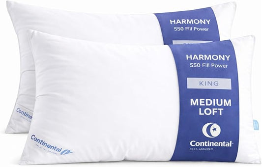 Continental Bedding Harmony White Goose Down Pillow 550 Fill Power Medium Loft 100% Cotton 300 Thread Count Shell King Size 2 Pack Made in USA