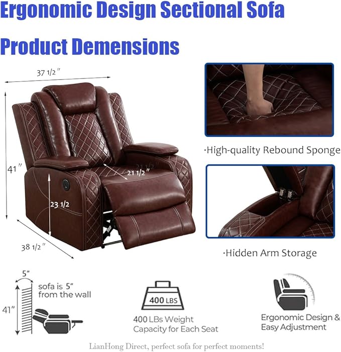 Leather Power Reclining Sectional Sofa, Recliner Sectional Sofa with Chair, Brown Recliner Couch Sets for Living Room, LED, Read Lights, USB Charging, Cup Holders, Storage for Home/Office