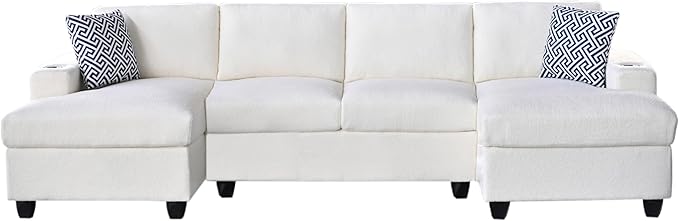Ball & Cast 124" U-Shaped Sectional Sofa Couch for Living Room with Double Chaise,Cup Holders & Pillows,4 Seat Sherpa Upholstered Modern Modular Sectional Sofa Couches Set,for Home,Office,Beige
