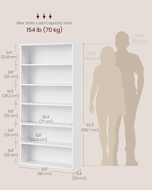 VASAGLE Custos Collection - Bookshelf, 6-Tier Bookcase, Book Shelf, Open Storage Shelf, 9.4 x 31.5 x 63.3 Inches, for Living Room, Home Office, Dining Room, Cloud White ULBC412W01