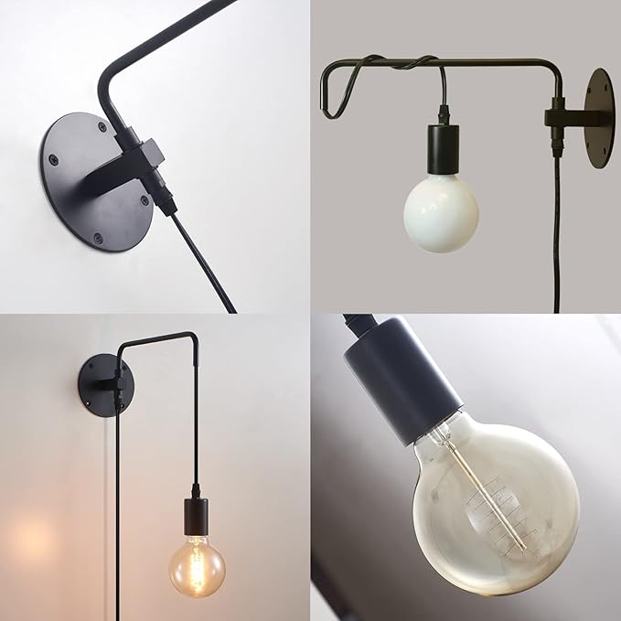 Wall Lamp with Plug in Cord, Swing Arm Wall Sconces with On Off Switch in Cord, Metal Black Vintage Industrial Wall Mounted Light Fixture for Living Room Bedside Bedroom (1 Pack)