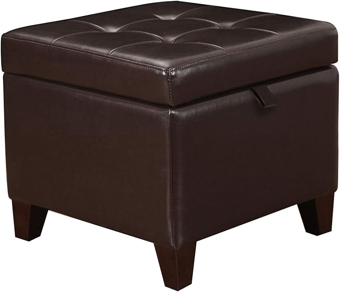 Adeco 18-inch Square Storage Ottoman, Modern Faux Leather Tufted Footrest Stool with Flip Top, Upholstered Accent Bench for Living Room & Bedroom, Chocolate Brown