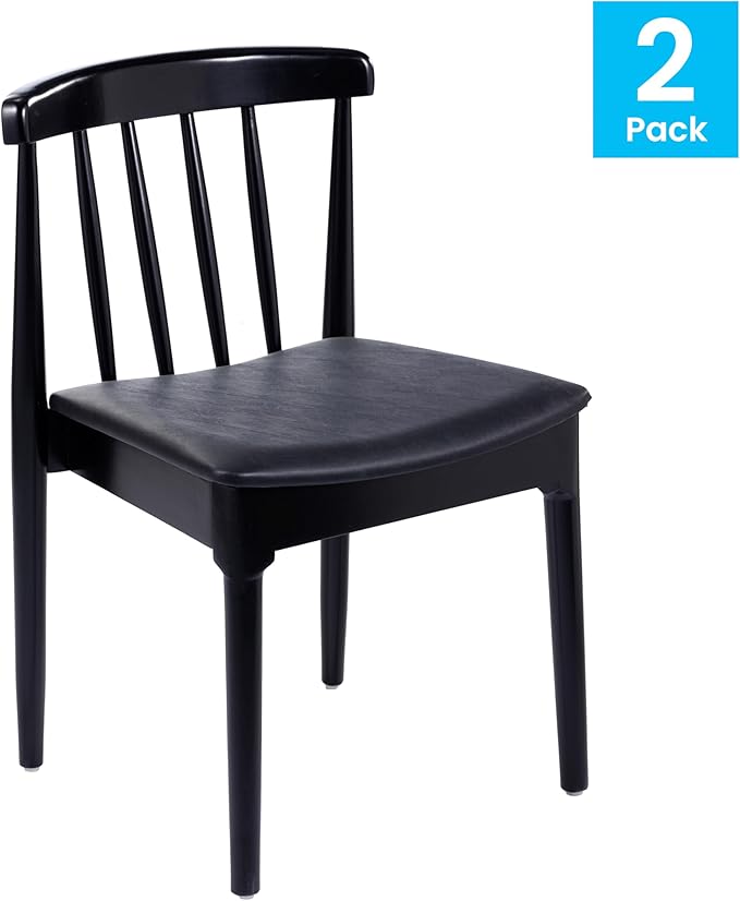 Flash Furniture Chester Solid Wood Dining Chair, Commercial Grade Restaurant Chair with Curved Spindle Backrest and Vinyl Padded Seat, Set of 2, Black/Black