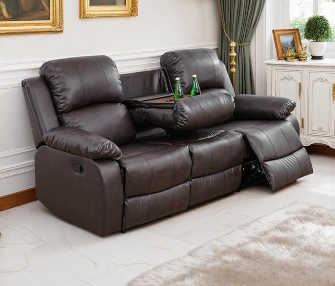 Living Room Furniture Manual Recliner Sofa Bonded Leather Reclining Sofa with Cup Holders & Flip-Down Table for Home/Office(Brown, 3 Seater Sofa)