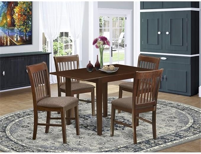 East West Furniture NDNO5-MAH-C 5 Piece Kitchen Table Set for 4 Includes a Rectangle Dining Table with Dropleaf and 4 Linen Fabric Dining Room Chairs, 30x48 Inch, Mahogany