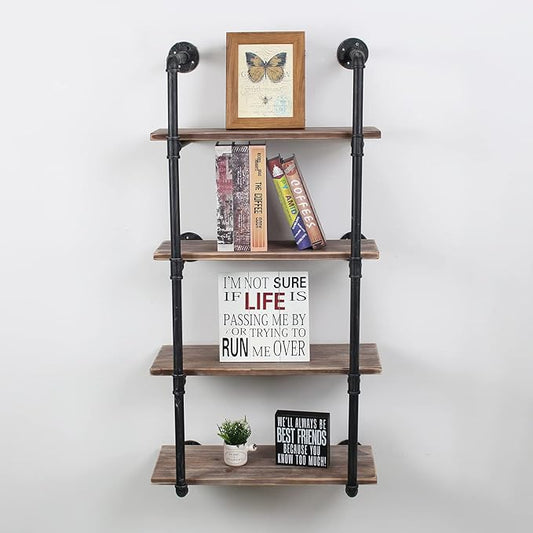 MBQQ Industrial Pipe Shelving Wall Mounted,24in Rustic Metal Floating Shelves,Steampunk Real Wood Book Shelves,Wall Shelf Unit Bookshelf Hanging Wall Shelves,Farmhouse Kitchen Bar Shelving(4 Tier)
