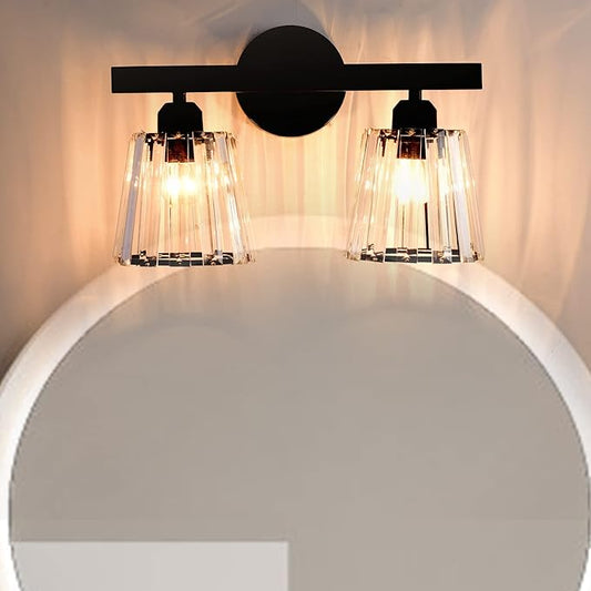 TISLYCO 2 Lights Sconces Wall Decor, Modern Vanity Light Fixture Over Mirror, Black Crystal Wall Sconce for Hallway Entryway Restroom, 2 Lights Bathroom sconces