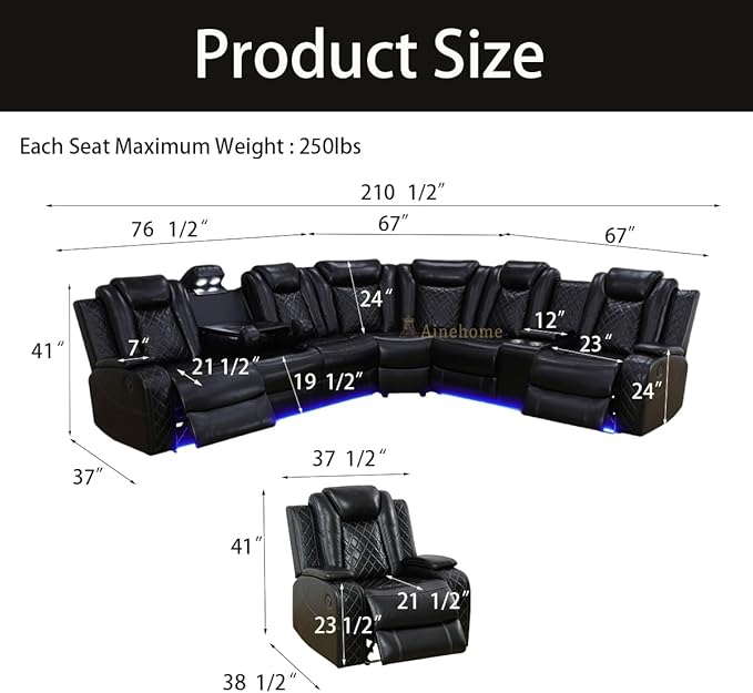 A Ainehome Living Room Furniture Power Recliner Sofa, Breathing Leather Power Reclining Sofa Set, Sectional Reclining Couch with Storage Console for Living Room/Guest Room(A-Black)