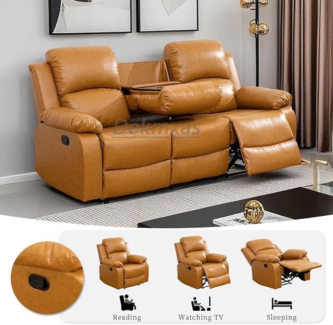 Manual Reclining Sofa 3 Seater Recliner Sofa Couch Living Room Furniture Modern Leather Reclining Sofa with Cup Holders & Flip-Down Table for Living Room/Office/Rv Car (Ginger, 3 Seater Sofa)
