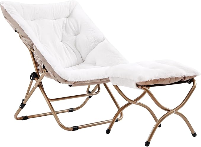 Comfy Folded Chair with Ottoman, Oversized Folding Faux Fur Chair Soft Furry Lazy Chair with Metal Frame Moon Chair Accent Chair for Bedroom, Living Room, Dorm Rooms