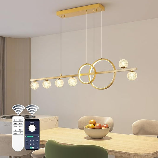 Modern Gold Chandeliers for Dining Room, 47in Dimmable LED Chandelier Linear Gold Pendant Light for Kitchen Island, Upgraded 6 Globe Hanging Pendant Chandelier Lighting (2 Rings, 4200lm)