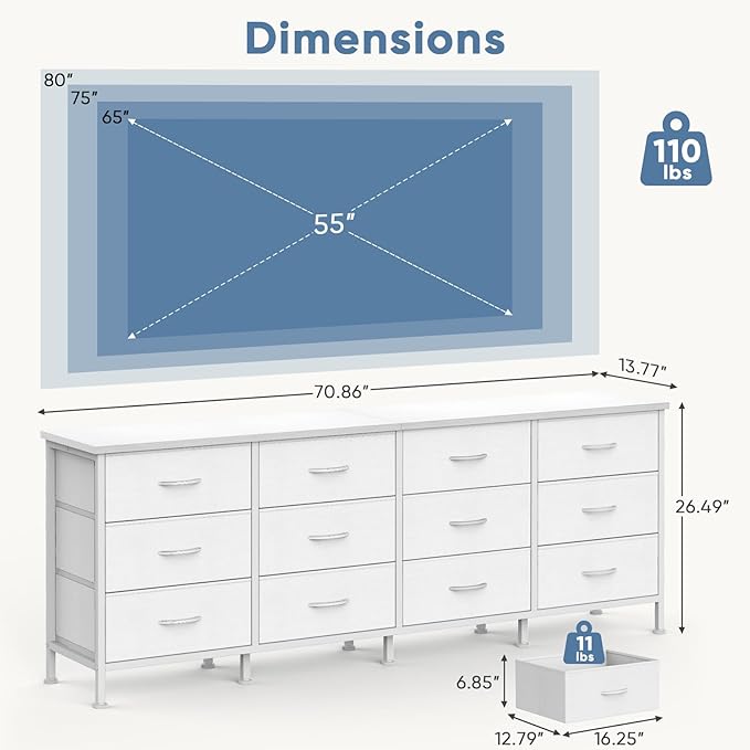 DUMOS TV Stand for Bedroom with Storage TV Stands for Living Room White, 12 Drawer Dresser Farmhouse Entertainment Center for up to 80 Inch TVs, Media Console Table with Metal Frame Adjustable Feet