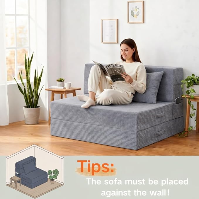 Folding Sofa Bed, 4 in 1 Convertible Sleeper Chair with Pillow, Twin Memory Foam Fold Out Chair Bed, Modern Floor Futon Sofa Couch Mattress for Living Room/Guest/Apartment, Light Gray