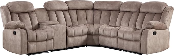 EBELLO Manual Reclining L-Shaped Sectional Sofa Set, Soft Fabric Corner Couch with Center Console, Cup Holders and Storage – Perfect Living Room Home Set Furniture, Light Brown