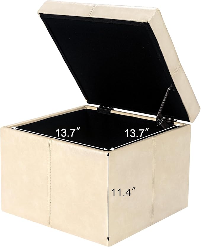 Adeco Modern Faux Leather Cube Storage Ottoman Bench, Warm Beige, Sturdy Footrest with Hidden Storage for Living Room, Bedroom, Entryway - 17.3" Cube, Comfortable Seating