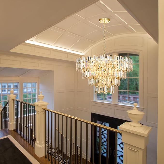 Crystal Contemporary Chandelier Foyer Entryway Lighting, 4-Tier Large Foyer Entrance Chandeliers for High Ceiling Big Crystal Chandelier (Dia 30 inch 15 Lights) Gold