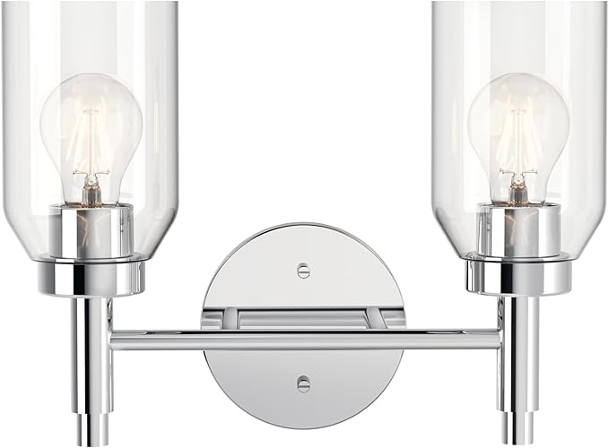 Kichler Madden 2-Light Vanity with Clear Glass in Chrome, Sloped Ceiling Compatible, for Single or Double Vanity in Bathroom (10.5" x 14.25"), 55184CH
