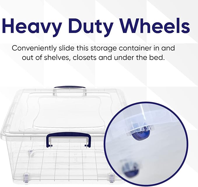Superio Under Bed Storage Containers with Wheels (2 Pack), Flat Clear Storage Bin Stackable Large Storage Latch Box with Lids Store Cloths, Bedding, Linen, For Under The Bed, Garage, Home