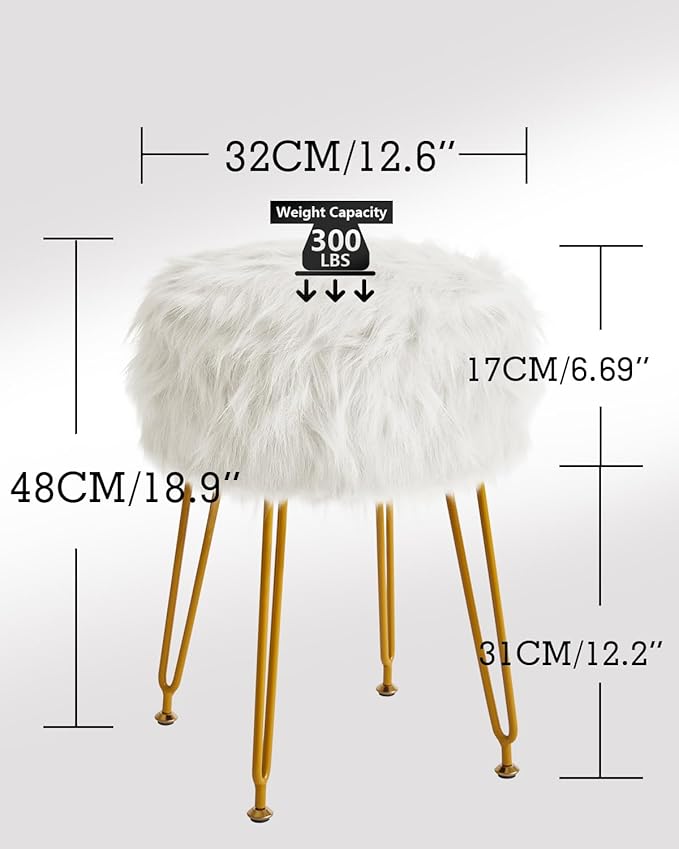 IBUYKE Round Faux Fur Vanity Stool with Storage, Furry Makeup Chair Ottoman, Soft Padded Seat, Round Footrest Footstools with 4 Metal Legs, for Living Room Bedroom Entryway, White WBD021W