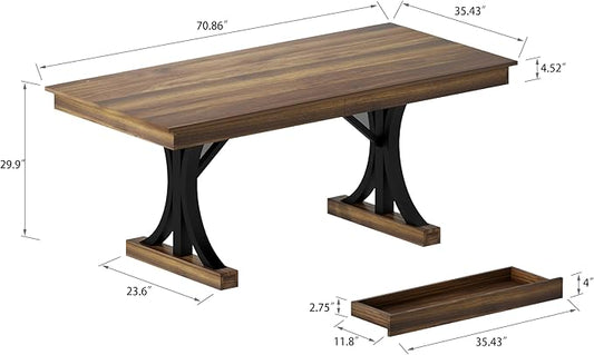 Garvee 71-Inch Wooden Kitchen Table with Two Drawers, Large Dining Table for 6-8 w/Large Tabletop & Sturdy Frame, Rectangular Dining Table with Double Pedestal, for Kitchen, Dinner
